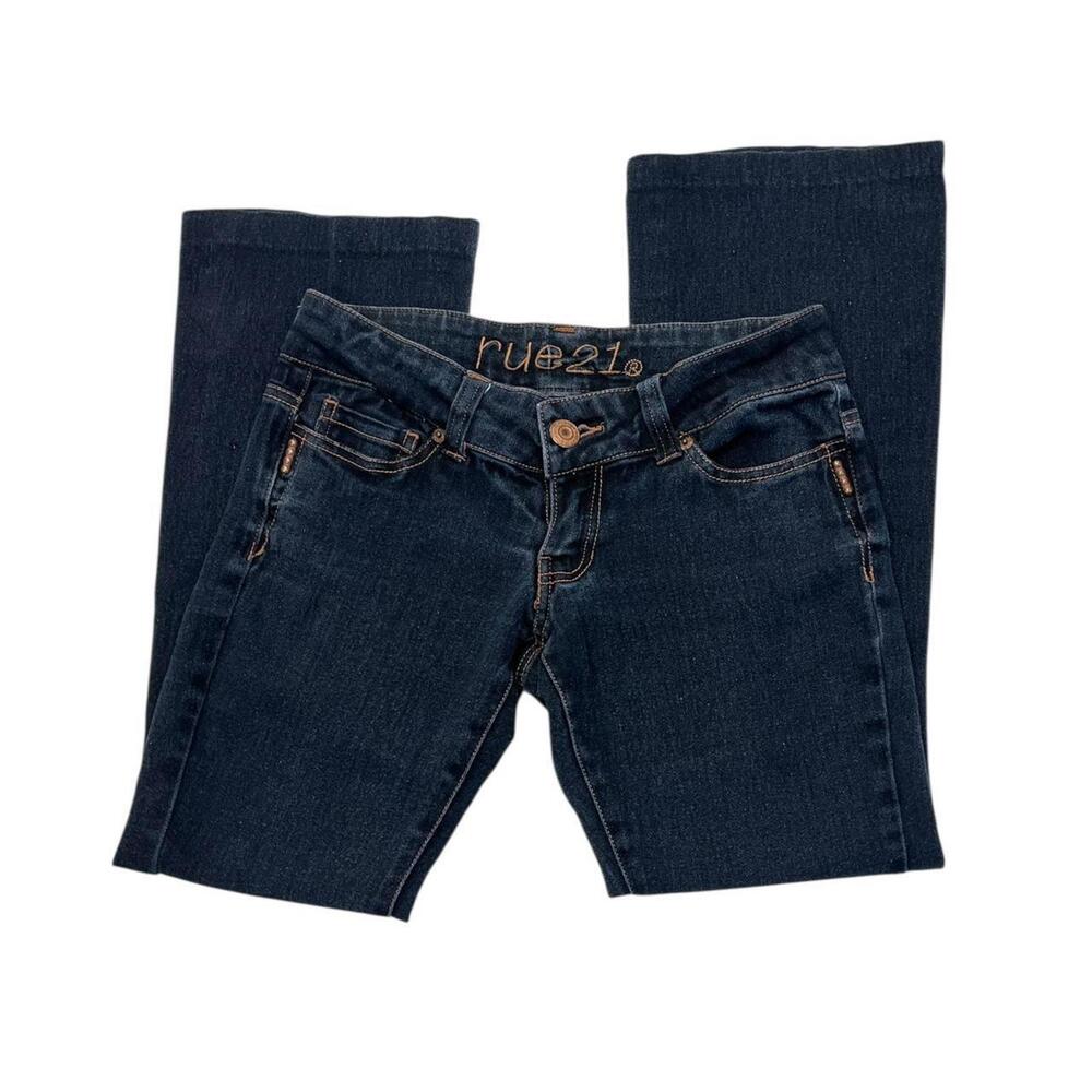 y2k rue21 dark wash cropped low rise flare jeans with copper details